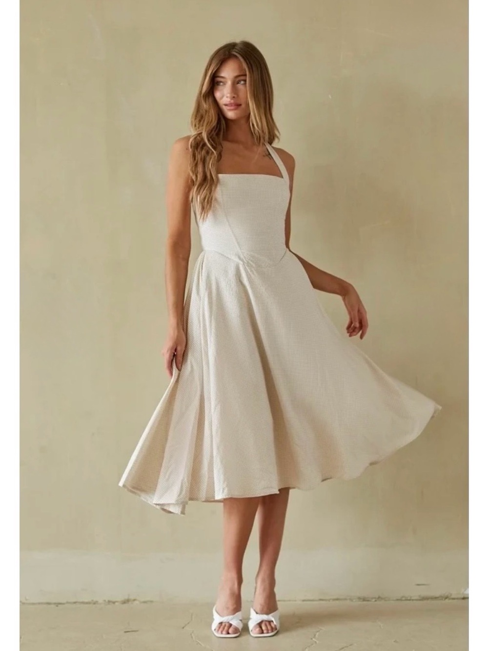 American Threads Cream Square-Neck Midi Sundress